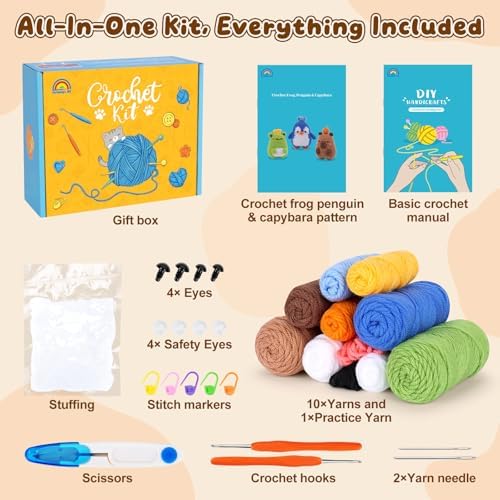 Fortuning's JDS Crochet Kit for Beginners, Crochet Animal Kit Includes Penguin, Capybara & Frog, Complete Starter Kit for Adult, DIY Craft Crochet Kits, Easy Knitting Kit Christmas Gifts