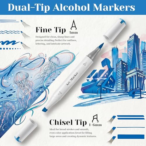 Alcohol Markers, 48 Colors Dual Tip Art Coloring Markers Set Chisel & Fine, for Kids Adult Book Drawing Sketching Illustration, Poster Wood Fabric More Surface,Fade Resistant Ink ,Storage Case