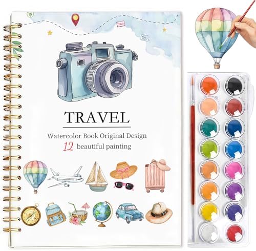Easy Watercolor Workbook for Beginners - 12 Beautiful Step-by-Step Paintings Water Coloring Book, Includes 16 Colors Paints, Relaxing Art Projects and Creative Gift for Adults & Teen (Travel)