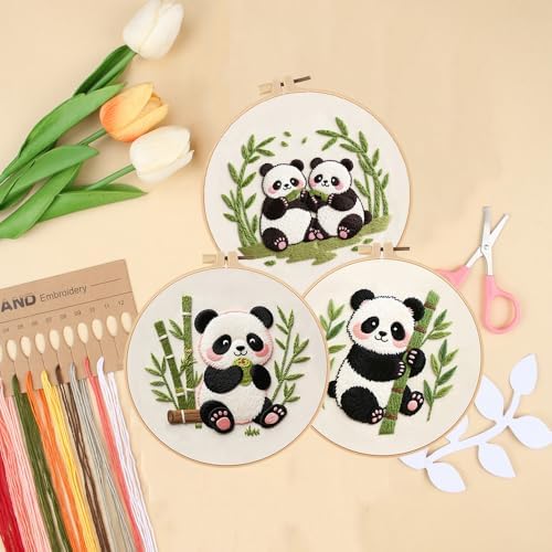 Konrisa Panda Embroidery Starter Kit for Beginners, Cross Stitch Kit with 3pcs Embroidery Pattern, DIY Sewing Project Adult Needlepoint Kit with Hoop, Set of 3
