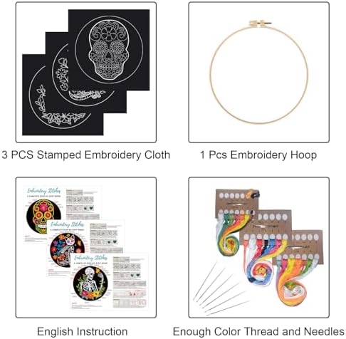 Louise Maelys 3 Set Halloween Skull Embroidery Kit for Beginners