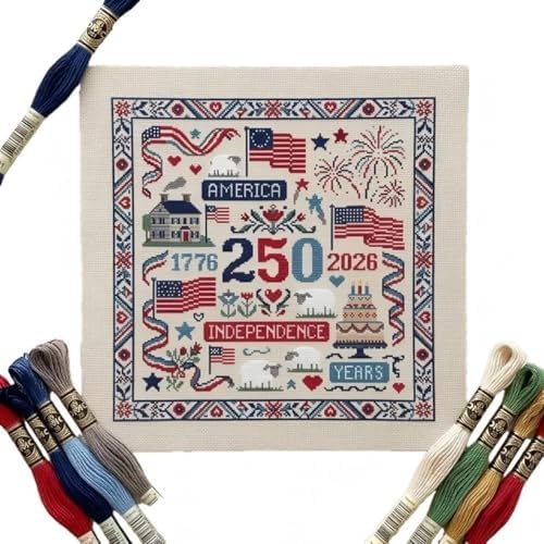 USA 250th Anniversary Cross Stitch Kit 9.8 x 9.8 Inch, 1776-2026 Patriotic Embroidery Kit for Beginners Adults, DIY 4th of July Patriotic Needlepoint Set with Threads Needle Wall Decor Craft Gift