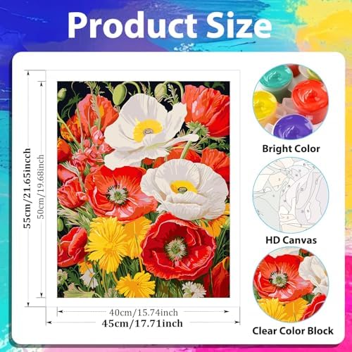 xcemhil Flowers Paint by Number Kit for Adults, Poppy Paint by Numbers Kit, Adult Paint by Number Kits on Canvas for Gift Home Wall Decor 16x20in