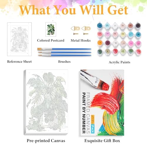 Framed Paint by Numbers Kit for Adults, Tropical Plant Decor 8x12 Inch