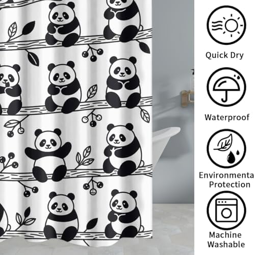 Abstract Kawii Baby Panda Shower Curtain Sets 4 Piece,Cartoon Spring Forest Bamboo Trees Bathroom Decor Sets with Rugs,Cute Animal Panda Bears Waterproof Toilet Lid Cover Bath Mat