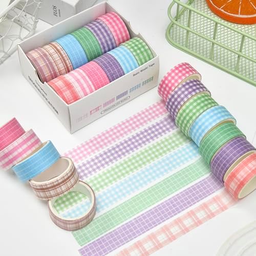 12 Rolls Grid Washi Tape Set Plaid Arts Adhesive Tapes Basic Patterns Decorative Masking Tape Sets for Craft, Kids, Scrapbook, DIY, Gift Wrapping (Style Four)