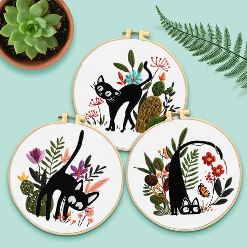 ERKOON 5 Sets Embroidery Kit for Beginners Adult Cat Cross Stitch