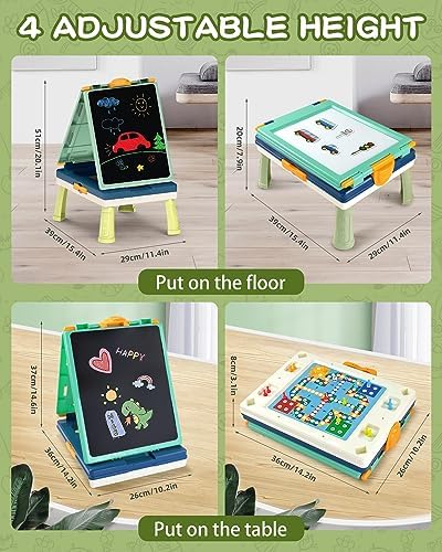 Elovien Easel for Kids,Tabletop Easel for Toddler, Foldable 4 in 1 Double Sided Kids Art Easel with Chalkboard & Magnetic Whiteboard,Portable Desktop Drawing Board - Gift for Boys and Girls (Green)