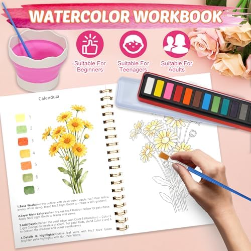 Watercolor Workbook for Adult Beginner, Flower Water Coloring Book