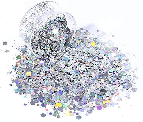 Holographic Chunky Glitter Sequins, 12 Colors Mixed Cosmetic Glitter for Face Body Eye Hair Nail Art Lip Gloss Makeup, Festival Glitter with Different Hexagons Size and Stars (Laser Mix)