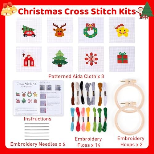 Pllieay 8PCS Christmas Cross Stitch Kit for Kids, Includes 8Pcs Christmas Patterns, 2Pcs Hoops and 14 Color Skeins, Fun & Easy Cross Stitch Kits for Beginners, Perfect for Crafts and Christmas Decor
