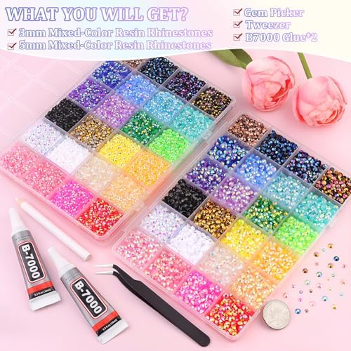 2 Boxes Jelly Rhinestones for Bedazzling, 30600Pcs 3mm & 5mm Multicolor Flatback Resin Gems for Crafting, Bedazzler Kit with 2Pcs 10ml B7000 Jewelry Glue for DIY Crafts Book Fabric Decor Nail Art