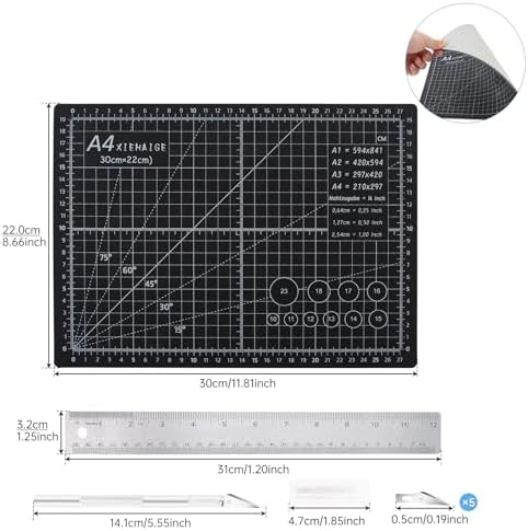 A4 Self Healing Cutting Mat & Carving Craft Knife with 5 Extra Blades and Stainless Steel Cork Ruler 12 inch / 30cm Dual Scale for DIY Art Work Cutting, Hobby, Stencil, Scrapbooking Stencil