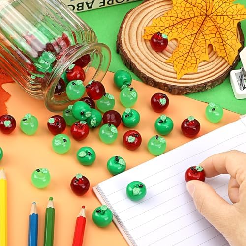 JUNEBRUSHS 50 Pcs Mini Resin Apples Red Green Tiny Apples Figurines