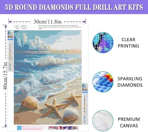 Fotasmua Diamond Painting Kits for Adults Beginner Beach, DIY Diamond Art Kits for Adults, 5D Ocean Sea Shell Round Full Drill Gem Art and Crafts Paintings kit for Home Wall Decor 12x16 Inch