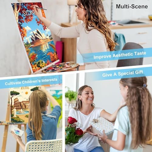 Pixendra 6 Pack Cityscape Paint by Numbers Kit for Adults Beginner,Travel City Easy Paint by Number on Canvas,Acrylic Oil Watercolor Painting kit Arts and Crafts for Room Wall Decor (8x12 inch)