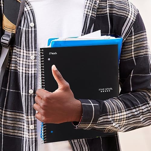 Five Star Spiral Notebook + Study App, 5 Subject, College Ruled Paper, Fights Ink Bleed, Water Resistant Cover, 8-1/2" x 11", 200 Sheets, Black (72081) (Pack of 2)