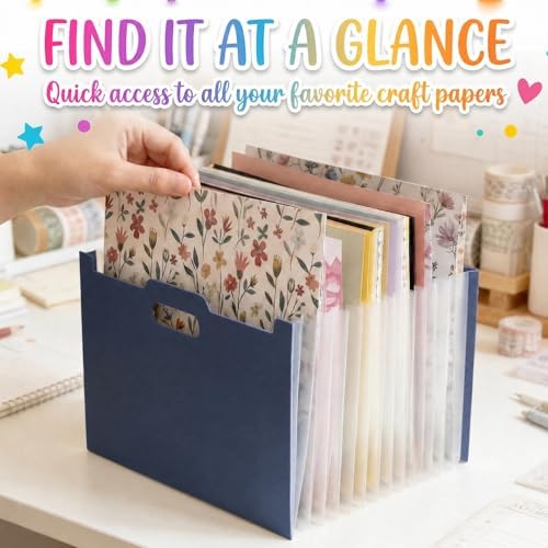 12x12 Scrapbook Paper Storage Organizer, Expandable 13 Pocket Desktop Paper Organizer Storage for Scrapbook Essentials, Large Scrapbook Storage for Photos, Washi Tape, Sticker (Dark Blue)