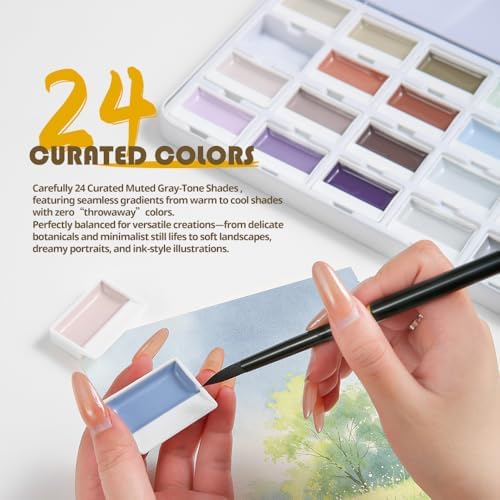 Watercolor Paint Set, 24 Color Opaque Semi-Solid, Muted Gray Tone