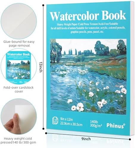 Phinus 18 Sheets Watercolor Paper 9x12 Inch, Cold Press Watercolor Sketchbook (140lb/300gsm), Tape Bound Watercolor Paper Pad for Adults Kids, Mixed Media, Markers and Art Journaling