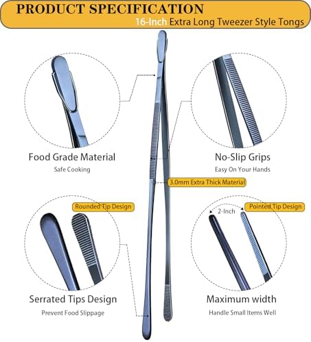 JETKONG 2 Pcs 16-Inch Heavy Duty Cooking Tweezers Extra Long Stainless Steel Kitchen Tweezers Large Plating Tongs (Navy Blue)