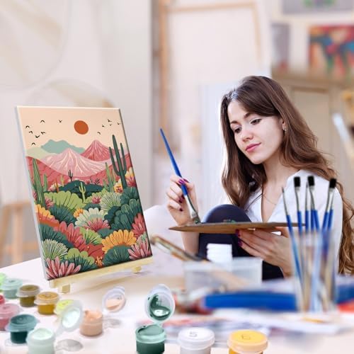 JOOZ 4 Pack Paint by Numbers Kit for Adults with Frame Landscape 8x12 Inch | Paint by Number with Easel, DIY Mountain Adult Paint by Number Kits, Sunset Lake Oil Painting Kits, Home Wall Decor