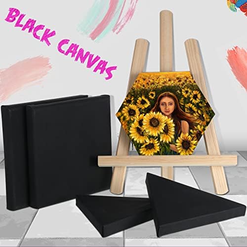Epakh 12 Pcs Black Canvas for Painting Stretched Canvas Cotton Square Triangle Hexagon Blank Boards Panels Art with Frame Panel Stretched Boards for Oil Acrylic(6 Inch)