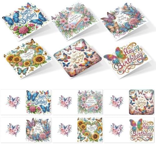 6 Pack Diamond Art Greeting Cards with Envelopes, DIY 5D Diamond Painting Birthday Card Kit with Butterflies and Flowers, 30x15cm Handmade Special Shaped Rhinestone Craft for Holiday and Birthday