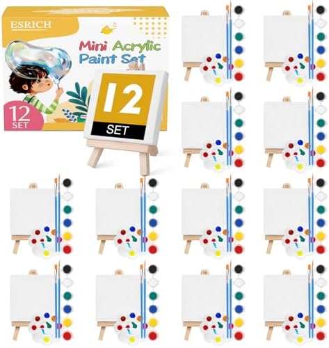 ESRICH 12 Set Mini Acrylic Paint Kit, Mini Stretched Canvas with Easel