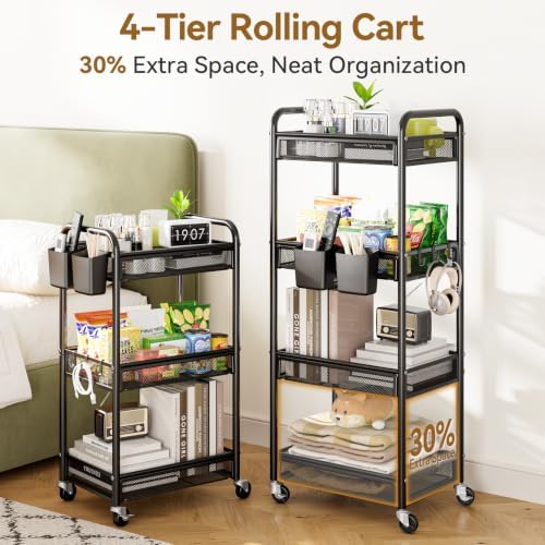 YASONIC 4 Tier Rolling Cart – Rolling Storage Cart with Wheels | Multi-Functional Utility Cart Storage Cart for Living Room, Kitchen, Office, Bathroom, Movable Storage Organizer with Wheels