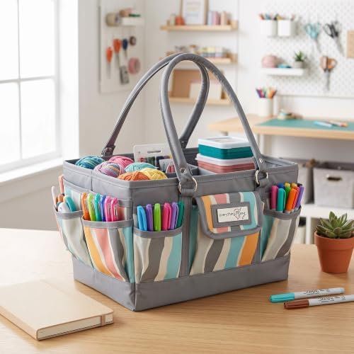 Everything Mary Deluxe Store & Tote Organizer – Grey Stripes Craft Caddy with Handle – Art Storage Tote for Sewing, Scrapbooking, DIY Projects & Crafting Tools