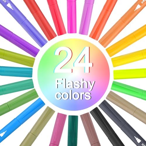 Piochoo Art Brush Markers Pens for Adult Coloring Books, 24 Colors Dual Tip (Brush and Fine Point) Marker Pen for Journaling Note taking Planner Hand Lettering Art Suppliers