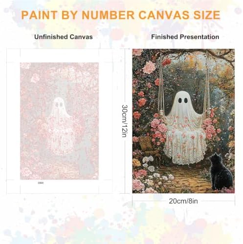 SENQAO Ghost Paint by Numbers Kit for Adults Beginner, Halloween Adult Paint by Number Kits on Canvas, DIY Acrylic Oil Easy Painting by Numbers for Home Wall Decor 8X12 inch (Cat Flower)