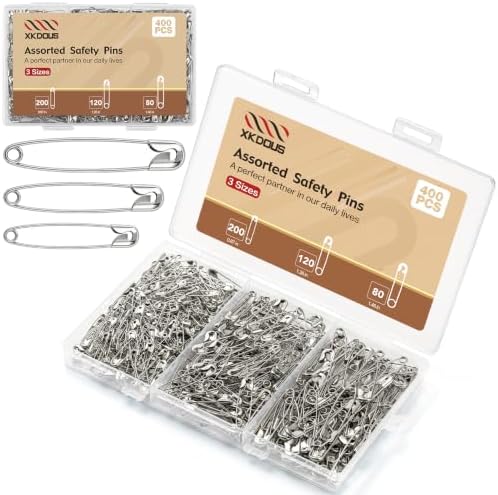 XKDOUS 400 Pack Safety Pins for Clothes, 3 Assorted Size Heavy Duty Pins