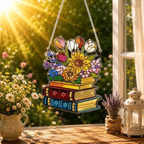 HMZephitiquc Flower Hanging Diamond Art Kits for Adults, Special Shaped Crystal Books Diamond Painting Suncatchers, 5D Gem Art, Sun Catchers DIY Craft Kits for Gift Home Decor