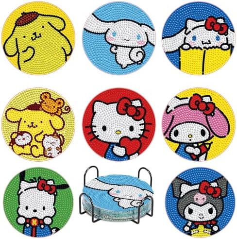 YSUNETER 8 PCS Cartoon Diamond Art Coasters Kits, DIY Drink Coasters Art Crafts Supplies for Adults, Non-Slip 3.9 inch