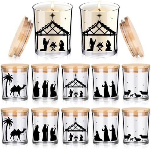 Ziliny 10 Pcs Christmas Glass Candle Jars Empty Containers Bulk 7 oz Glass Jars with Cork Lids Tins for Candle Making Storing Biscuits Tea Party Favors(Nativity)