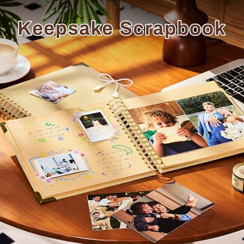 8x8 Scrapbook Album, Handmade Lokta Paper Cover, 40 Pages 250gsm Acid-Free Kraft Paper, DIY Memory Photo Album with Metal Corners & Inner Pocket for Wedding, Anniversary, Baby, Family