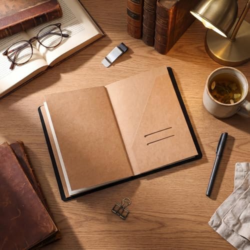 Thenshop Leather Travel Notebook 3 Inserts,Black,A5 Size