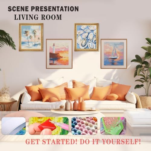 XUNLURY Ocean Beach Diamond Art Kits 4 Pack 10x11.8 Inch, Beach House Room Decor,Tropical Coastal Ocean Oyster Palm Tree Nautical Sailboat DIY Diamond Gem Painting Art Kits for Kids Adults Beginners