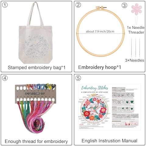 Louise Maelys Hummingbird Embroidery Kit Canvas Tote Bag for Beginners