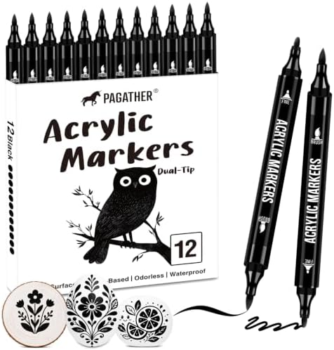 Pagather Black Acrylic Paint Markers, 12 Dual Tip with Fine Tip and Brush Tip Pens for Fabric, Stone, Wood, Canvas, Ceramic, Metal, Glass, Rock Painting, DIY Crafts