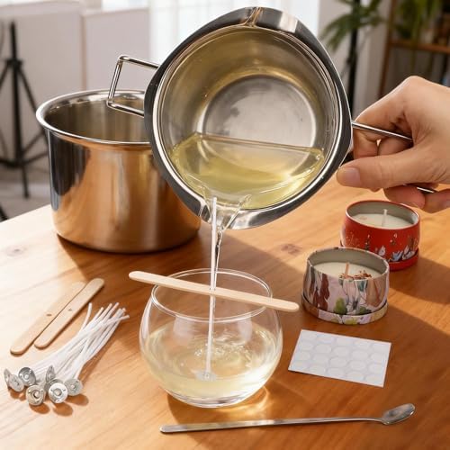 Blingfun Double Boiler Pot Set, Stainless Steel Melting Pot with Candle Wicks, Stickers,Wick Holders,Wick Placing Tube for Soap, Wax, Candle Making