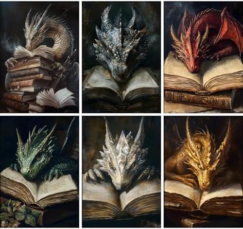 GOUOYANA 6P Dragon and Book Paint By Numbers Kit for Adults Acrylic Canvas | Adult Paint by Number Kits Acrylict Canvas for Painting DIY Dragon And Book Paint by Numbers for Home Wall Art Gift 12X16in