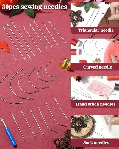 PLANTIONAL 8 Colors Waxed Thread Leather Sewing Kit, 47 Pcs Upholstery Repair Kit with Waxed Thread, Sewing Awl, Hand Stitching Needles, Leatherworking Tools for Car Seats, Sofa, Shoes, DIY Craft