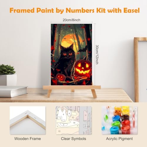 MOGTAA Halloween Paint by Numbers Kit for Adults Beginners with Frame, Pumpkin Adult Paint by Number Kits on Canvas with Easel, Easy DIY Black Cat Oil Painting Kits for Home Decor, 8x12in
