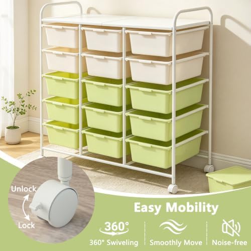 15-Drawer Rolling Storage Cart with Wheels, Multi-Color Plastic Drawer Cart | Mobile Organizer Cart, Utility Storage Trolley for Office, Living Room, Craft Room, Bathroom, and Home Organization