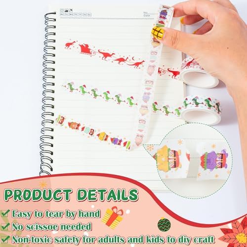 Christmas Dinosaur Washi Tape - 12 Rolls Dinosaur Footprints Christmas Trees Designs, Free Adhesive for Gift Wrapping, Scrapbook, Photo Albums, Journal Decor & DIY Projects