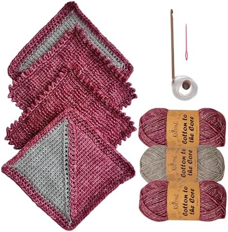 Tunisian Crochet Dishcloth Kit for Beginners - Cherry Red + Elephant Gray