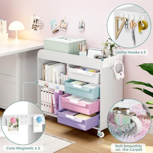 SYKIARIOL Craft Organizers and Art Supply Storage, Art Cart, Ice Cream | Rolling Cart with 4 Drawers & Metal Pegboard, 5 Hooks, Cute Macaron Color Magnets for Craft Room, Office, Classroom
